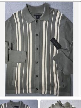 Christian Lacroix Olive and Cream Striped Men's Cardigan Medium